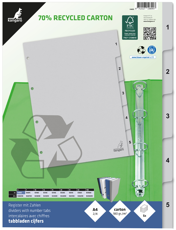 kangaro Intercalaire carton ECO, chiffres 1-5, 5 pièces