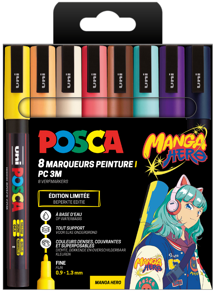 POSCA Marqueur à pigment PC-3M, étui de 8 MANGA HERO