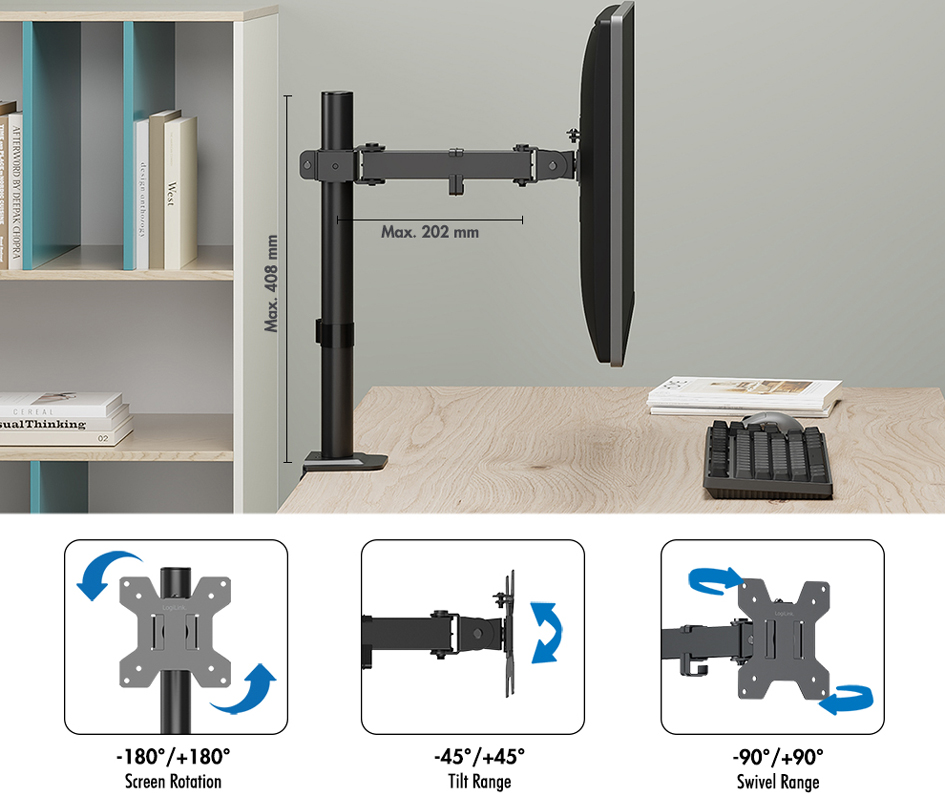 LogiLink Bras support pour écran, longueur bras 202 mm, noir