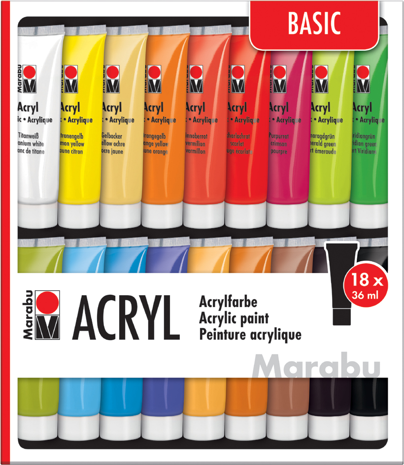 Marabu Kit de peinture acrylique, 18 x 36 ml, assorti