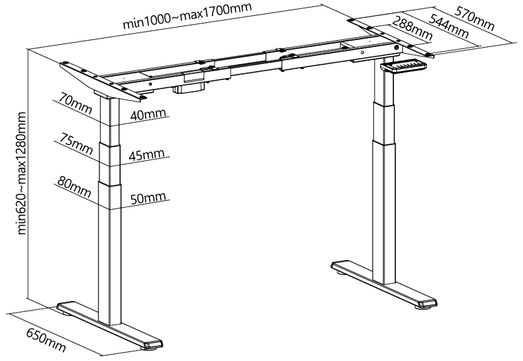 Piètement de bureau électrique, dimensions