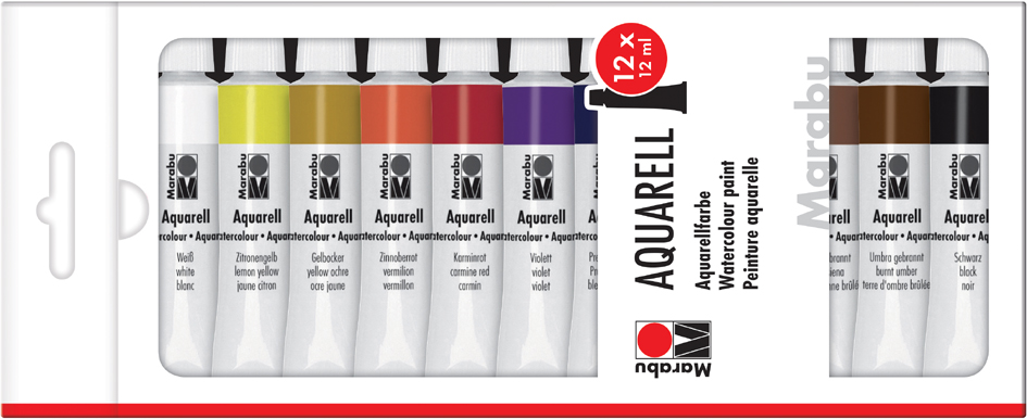 Marabu Peinture aquarelle, 12 ml, Kit de 12