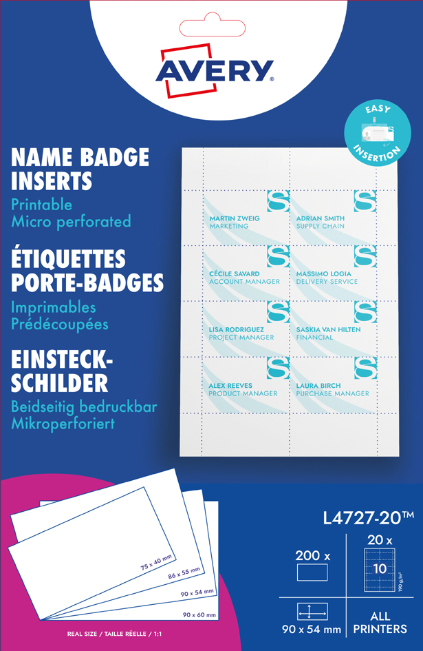 AVERY Insert imprimable pour badge, 86 x 55 mm, blanc