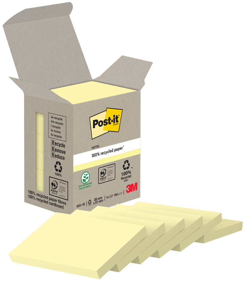 Post-it Bloc-note adhésif Recycling notes, 51 x 38 mm, jaune