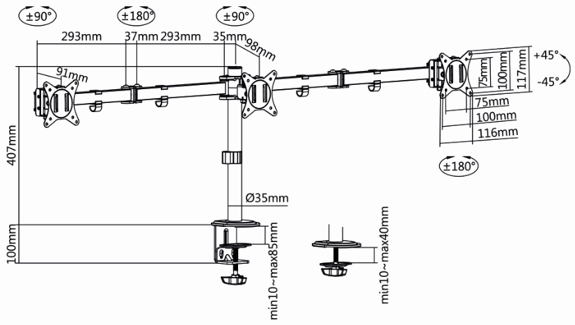 Support triple écran - dimensions