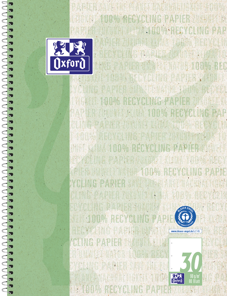 Oxford Cahier à spirales 'Recycling', A4+, quadrillé quadrillé / marge à gauche A4+ 90 g/m2 160 pages rouge