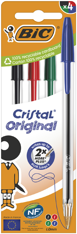 BIC Stylo à bille Cristal Original, boîte carton de 4