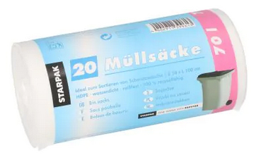 STARPAK Sac poubelle HDPE, 70 litres, blanc 23 microns 70 Liter blanc 20