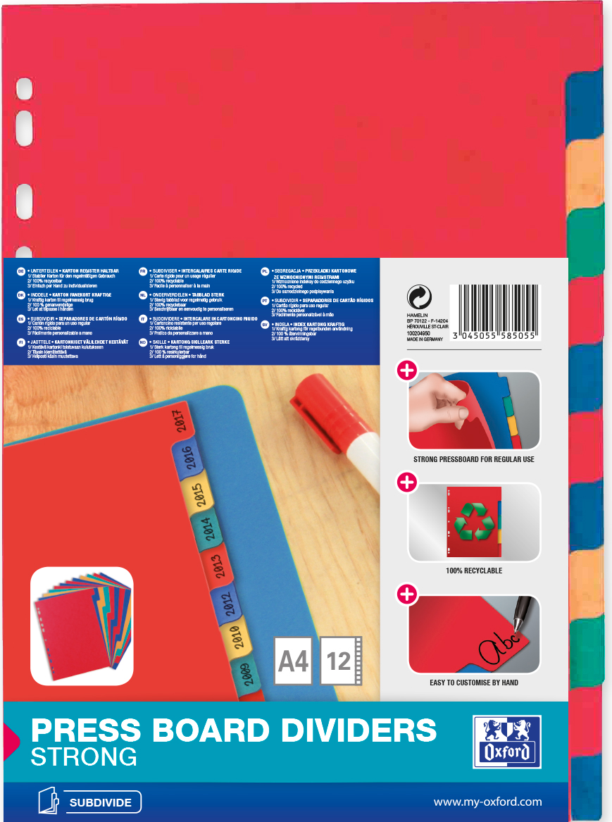 Intercalaires en carton, uni, multicolore, A4, 12 touches