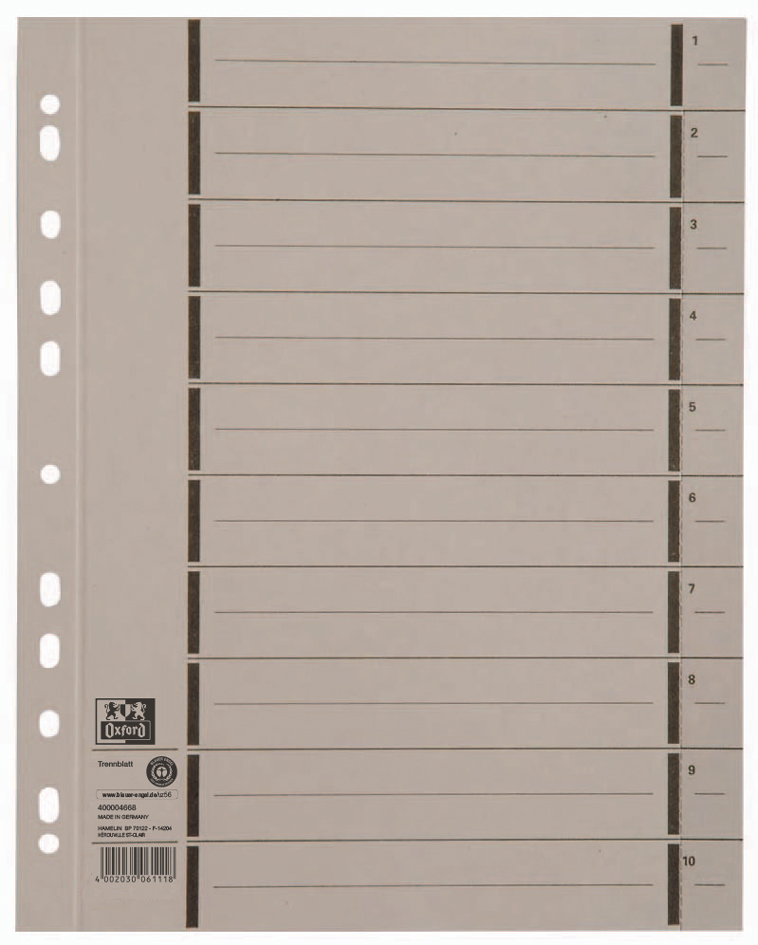 Oxford Intercalaire avec perforation, A4 extra large, gris