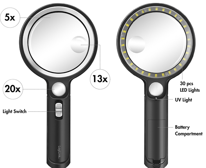 LogiLink Loupe avec manche, lampe UV & LED, rond, noir
