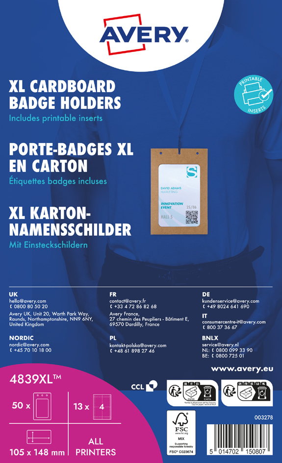 AVERY Pochette badge XL, en carton, 105 x 148 mm