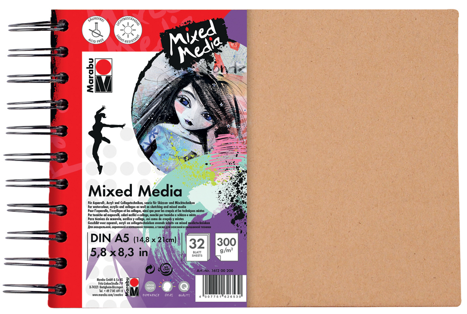 Marabu Cahier à spirale 'Mixed Media', format A4, 300 g/qm,