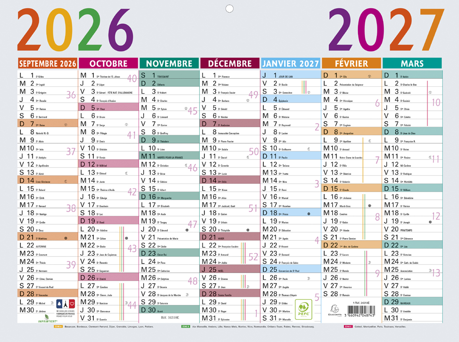 EXACOMPTA Calendrier Multicolore, 2026/2027, 295 x 220 mm
