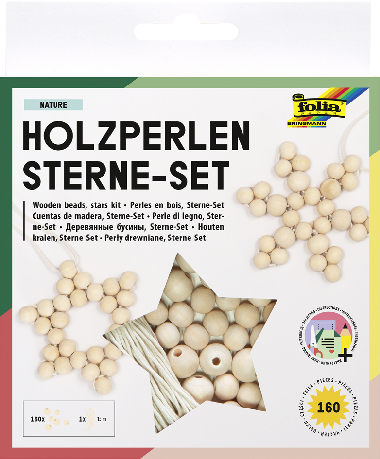 folia Kit Etoiles en perles en bois NATURE, 161 pièces