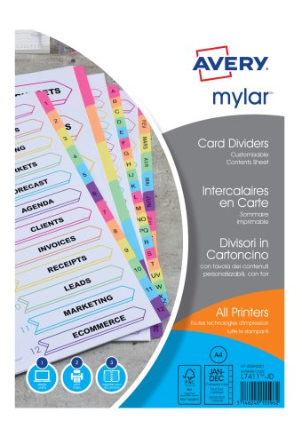AVERY Intercalaires Mylar, mensuel, 12 touches, carte, A4