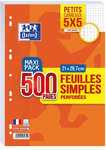 Oxford Feuilles simples perforées, A4, quadrillé 5 x 5