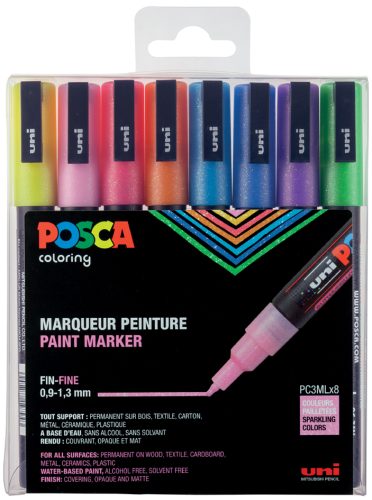 POSCA Marqueur à pigment PC3ML pailleté, étui de 8, assorti