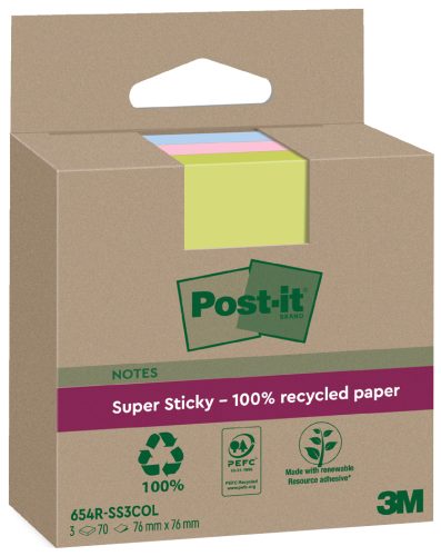 Post-it Super Sticky Recycling Notes, 76 x 76 mm, coloré