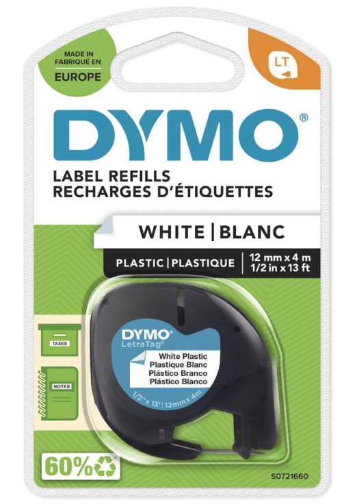 DYMO Ruban d'étiquette LetraTag, plastique, 12 mm x 4 m