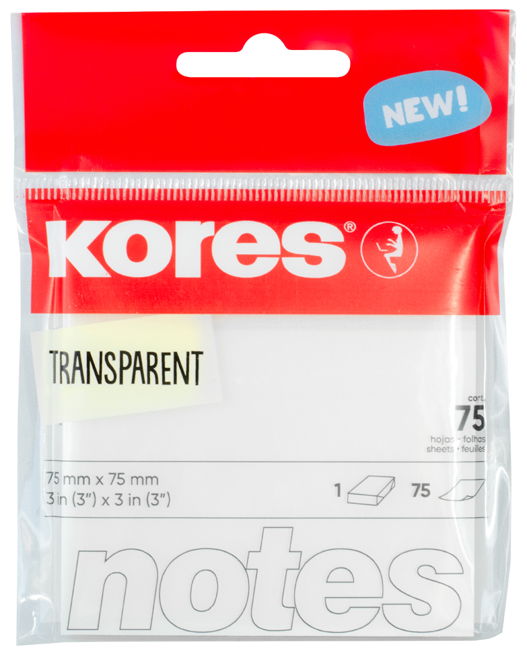 Kores Notes adhésives 'TRANSPARENT', 75 x 75 mm, uni