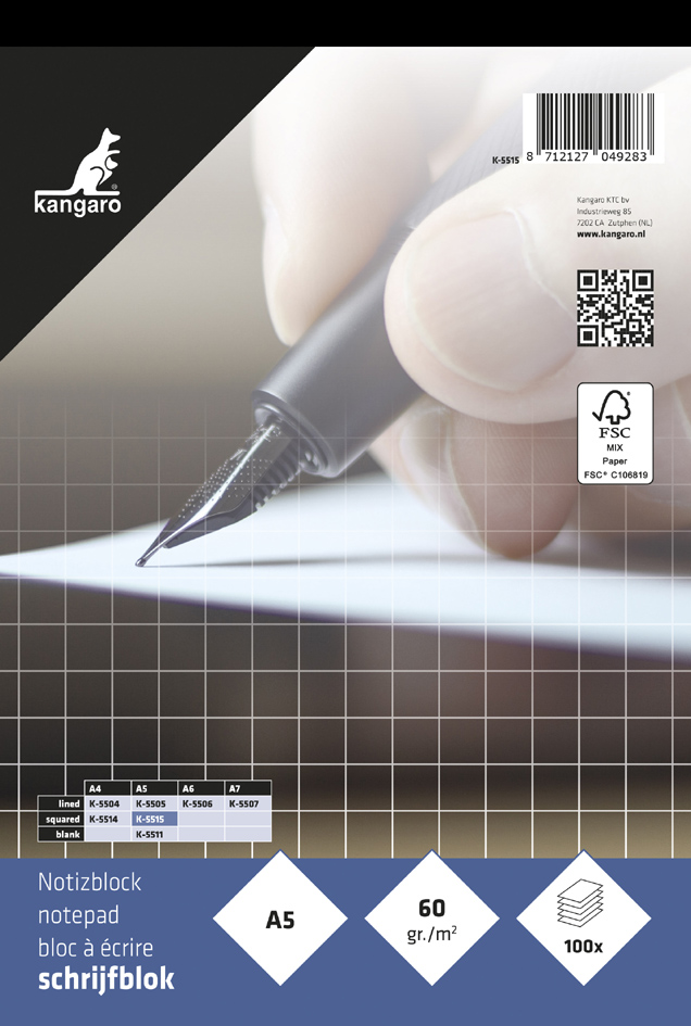 kangaro Bloc-notes A5, quadrillé, 100 feuilles